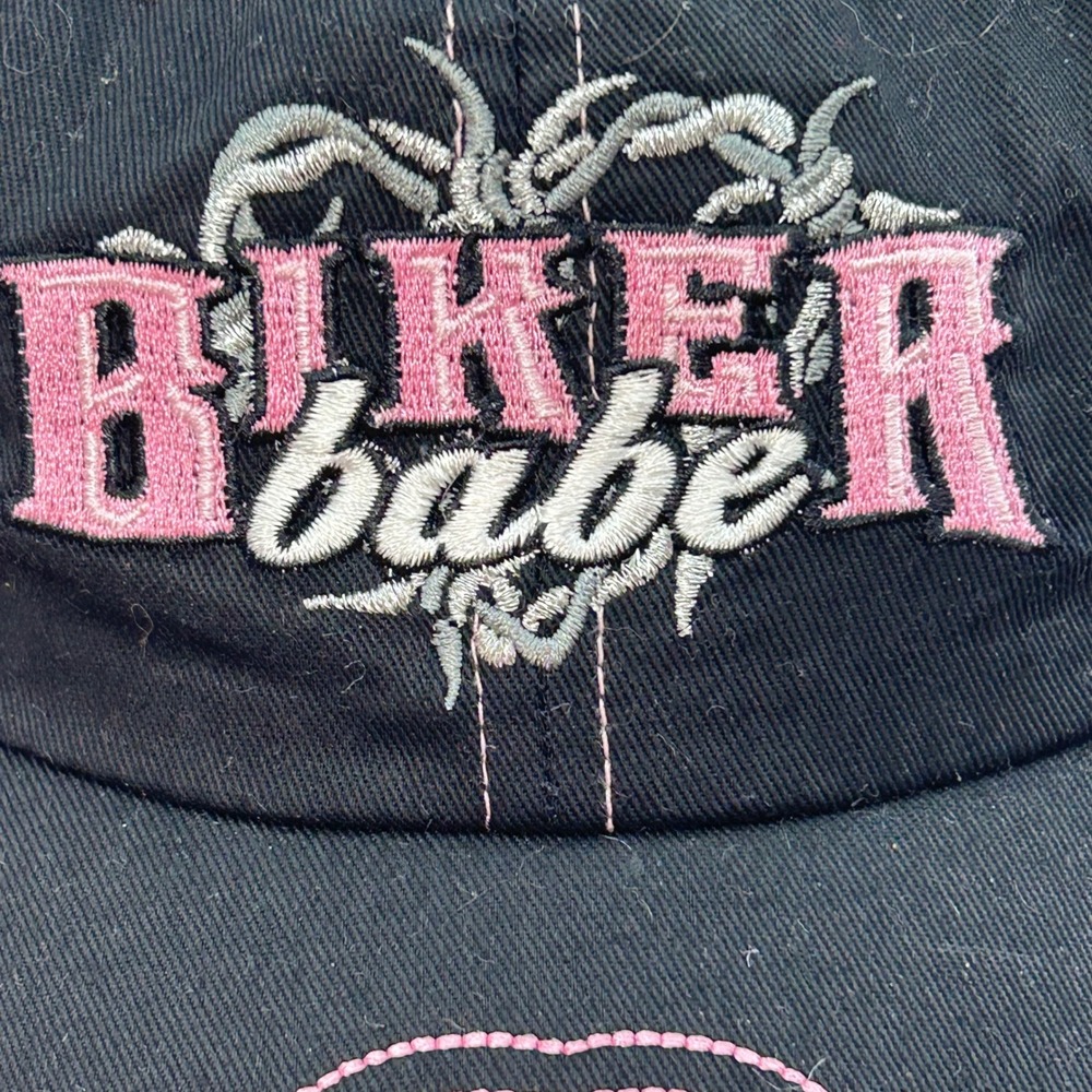 Biker Babe Embroidered Baseball Cap Black Pink Rhinestone‎ Heart Barbed Wire Hat - Picture 2 of 9